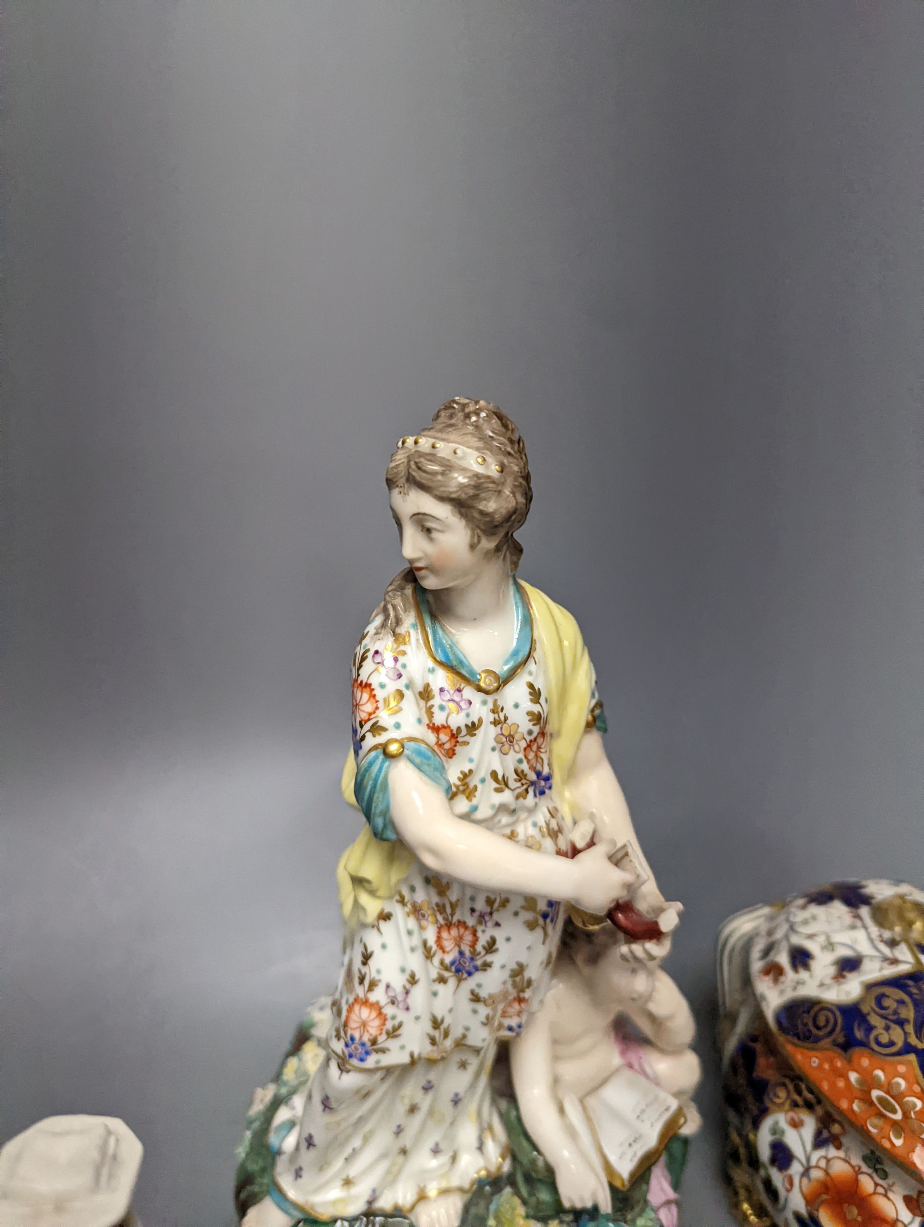 Two Chelsea Derby figure groups, three Derby Japan-pattern items to include an ice pail and two sucrier, together with a Copeland porcelain model of a tower